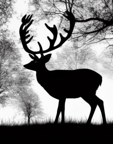 A black and white silhouette of a deer standing with trees