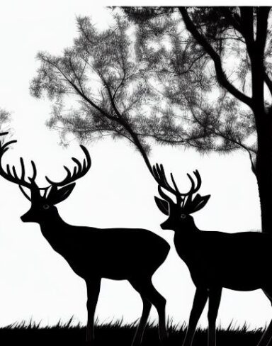 A black and white silhouette of a deer standing with trees