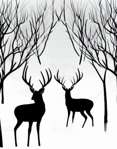 A black and white silhouette of a deer with trees