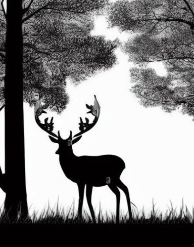 A black and white silhouette of two deer in a forest