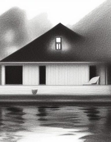 A black drawing of a house by a lake