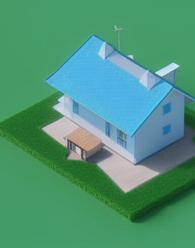 A blue house sitting on top of a green field