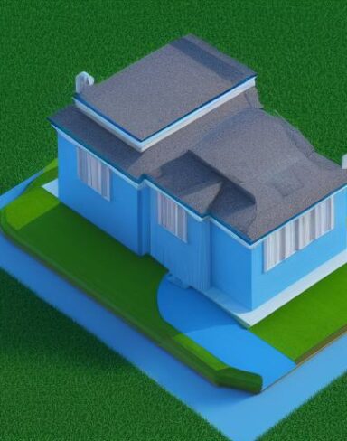 A blue house sitting on top of a green field