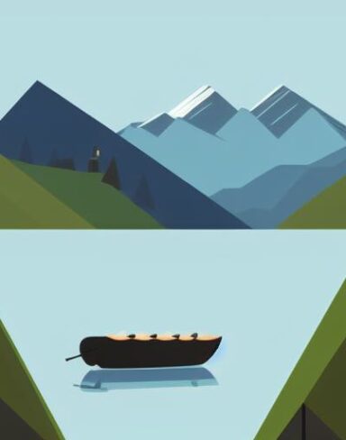A boat in a lake with mountains