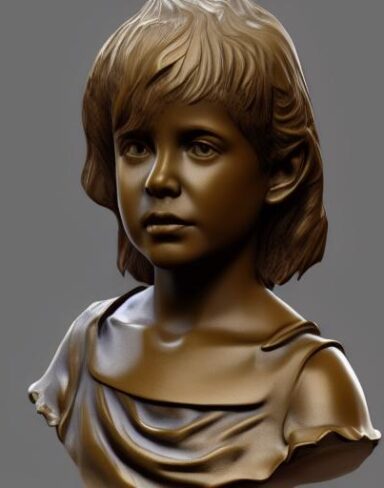 A bronze bust sculpture of a girl