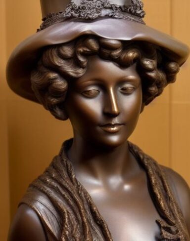 A bronze busturine of a beautiful woman with a hat