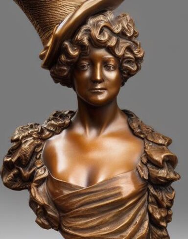 A bronze busturine of a woman with a hat