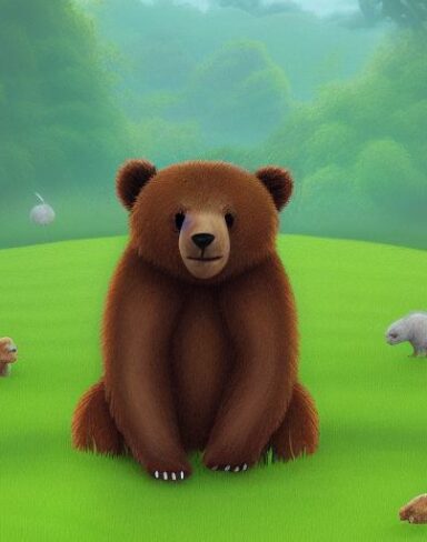 A brown bear sitting on the lush green field