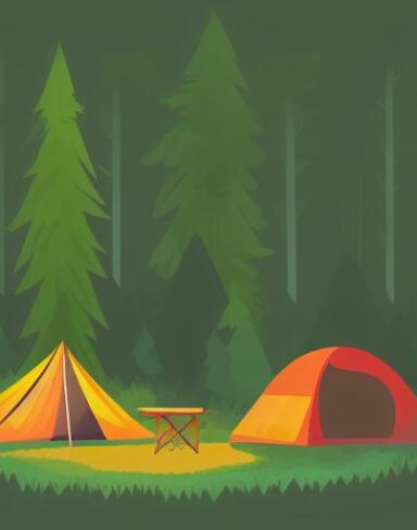 A camp in the middle of a forest with different trees at night