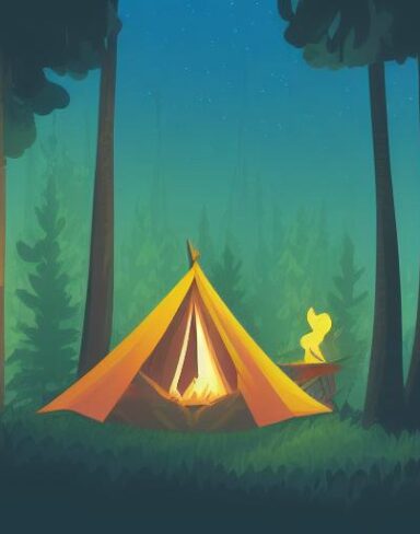 A camp in the middle of a forest with many trees at night