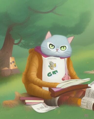 A cartoon cat reading a book in the woods