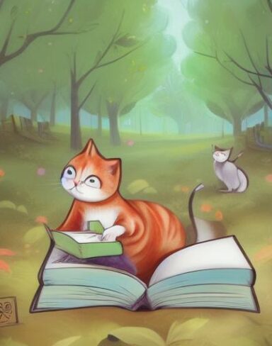 A cartoon cat reading book in the woodland