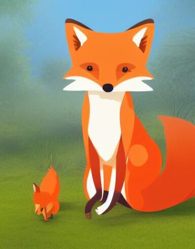 A cartoon fox sitting on the mushroom