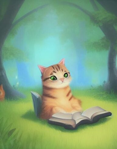 A cat reading a book in the woodland