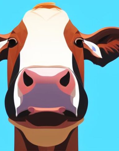 A close up of a cow face on a blue background