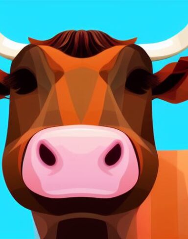 A close up of a cow face on a blue background