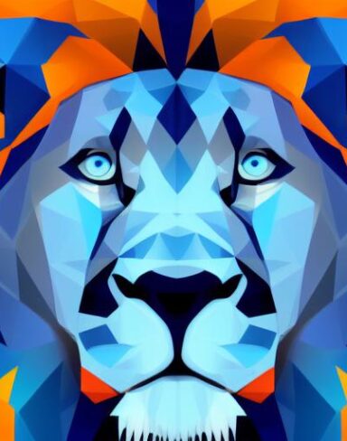 A close up of a lion face on a blue background