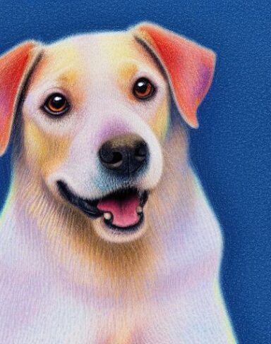 A close up of a painting of a dog with blue background