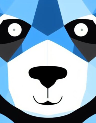 A close up of a panda face on a blue background