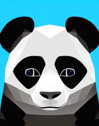A close up of a panda face on a blue background