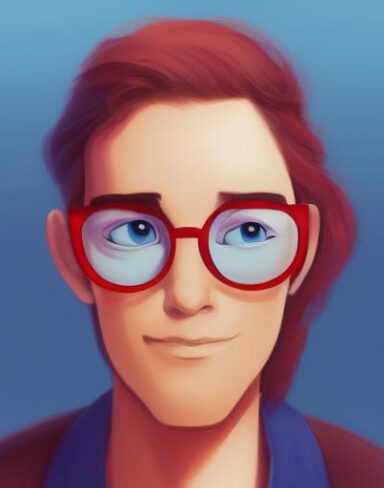 A close up of a person wearing a blue glasses