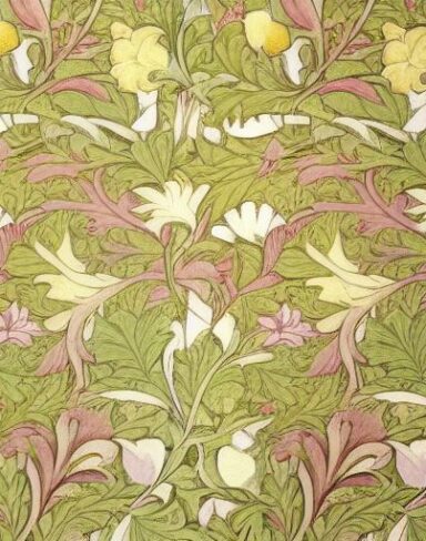 A close up of a wallpaper with flowers and leaves