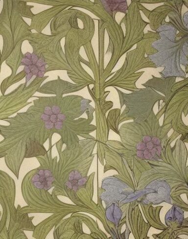 A close up of a wallpaper with flowers and leaves