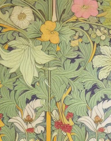A close up of a wallpaper with flowers and leaves