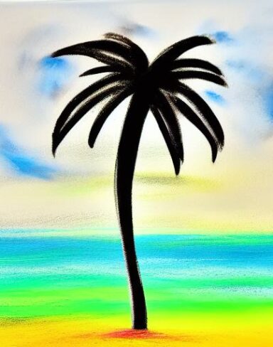 A color painting of a palm tree on a beach