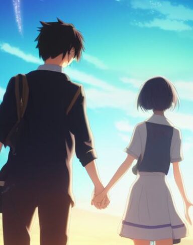 A couple of anime characters with beautiful face standing next to each other