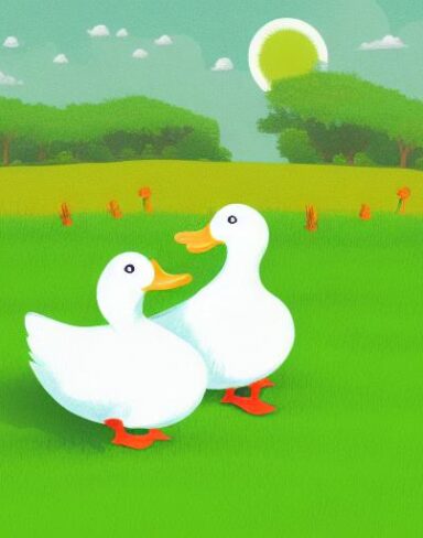 A couple of ducks on top of a green field