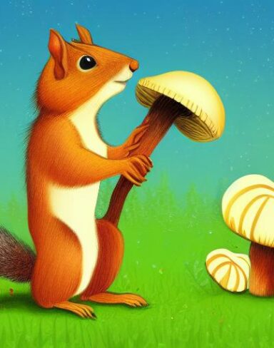 A couple of squirrels near a mushroom