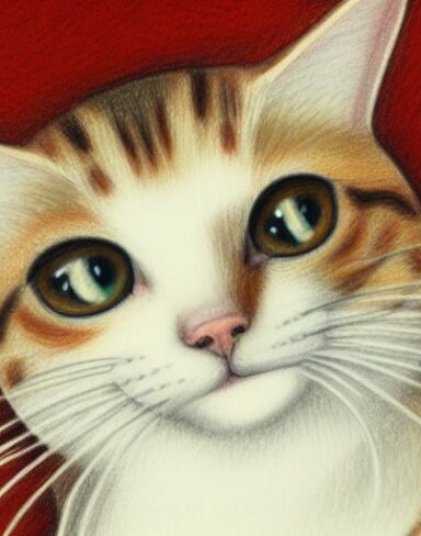A crayon drawing of a close up cat with brown background