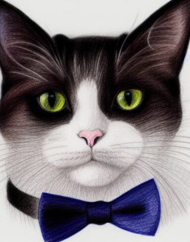 A crayon drawing of close up cat cat wearing a white small bow tie