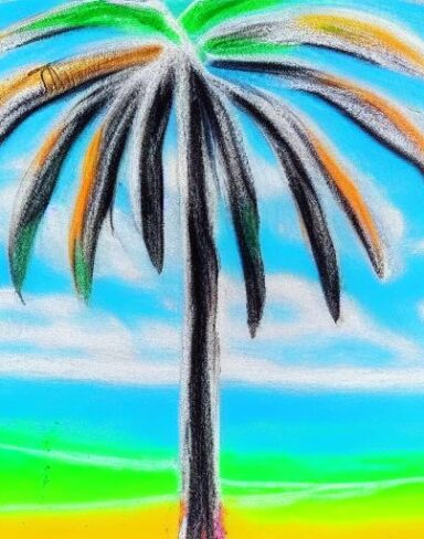 A crayon hand draw a painting of palm tree the a beach