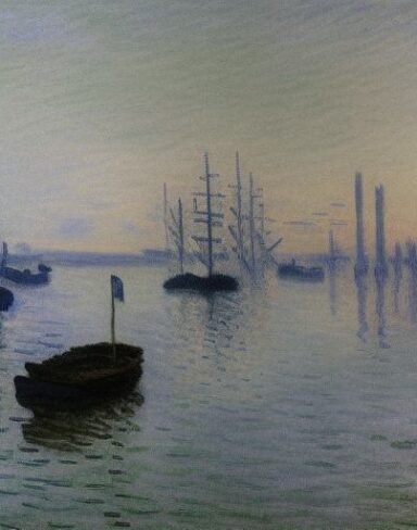 A dark painting of a building next to a body of water