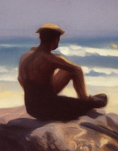 A dark painting of a man sitting on a rock by the ocean