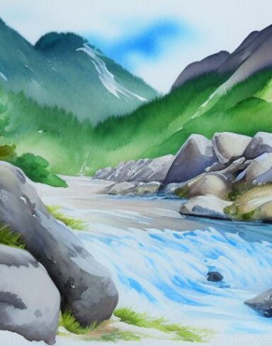 A detailed watercolor painting of a river with a mountain and rocks in the background