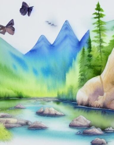 A detailed watercolor painting of a river with a mountain and rocks in the background and butterflies