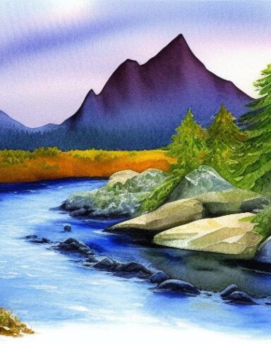 A detailed watercolor painting of a river with a mountain and rocks in the background at sunset