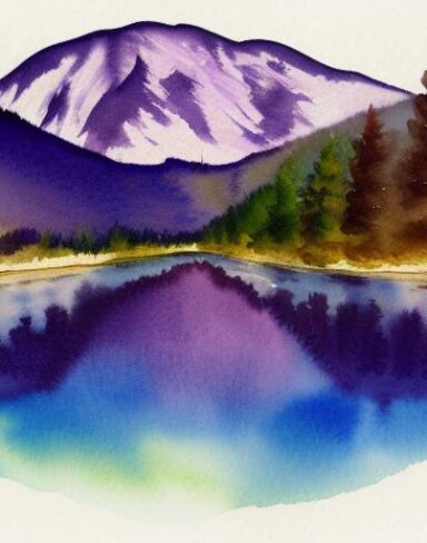 A detailed watercolor painting of a river with a mountain and rocks in the background at violet sunset