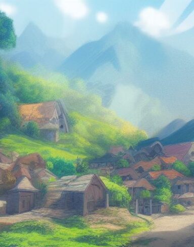 A digital art of a small village in the mountains