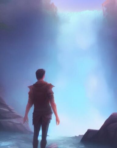 A digital painting of man standing in front of waterfall