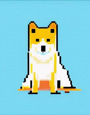 A dog sitting in front of a blue background