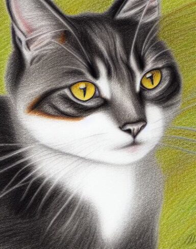 A drawing of a cat with green eyes