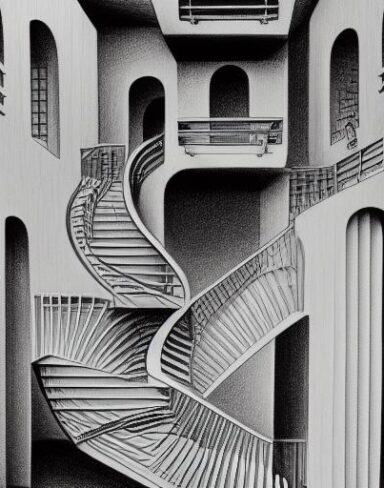 A drawing of a staircase like a maze in a building