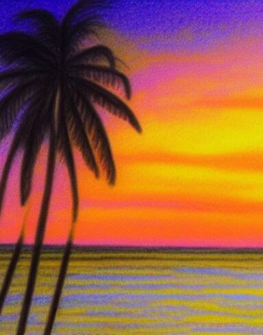 A drawing of a sunset with palm trees