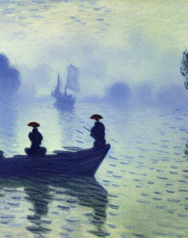 A fantasy painting of a building next to a body of water