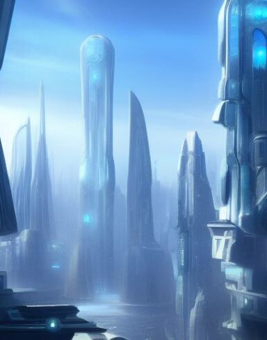 A futuristic city in the blue sky
