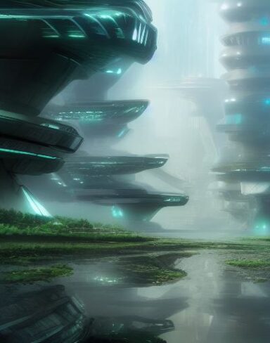 A futuristic city in the middle of sea with greenery